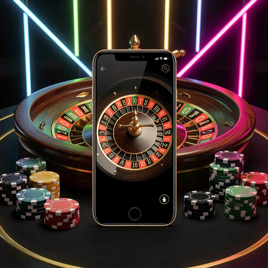 Mobile casino application scene featuring a phone in the center with a roulette wheel and poker chips in the background, illuminated by glowing neon lights in a premium black and gold style, showcasing BetChokkor's vibrant gaming experience