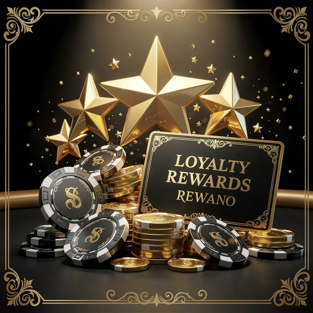 BetChokkor loyalty rewards casino image featuring golden stars, poker chips, coins, and a luxury reward card on an elegant black and gold background in a realistic 3D render