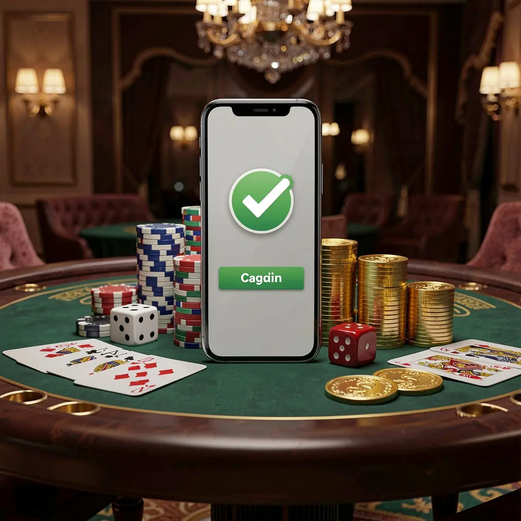 BetChokkor safe casino login concept showing a smartphone with a verification checkmark icon surrounded by chips, cards, dice, and golden coins on an elegant luxury casino table in a 3D realistic render