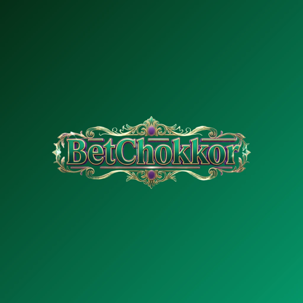 Luxury colorful horizontal rectangular wordmark logo for BetChokkor featuring bold serif typography in rich emerald, violet, and gold palette with elegant glowing ornaments on a transparent background