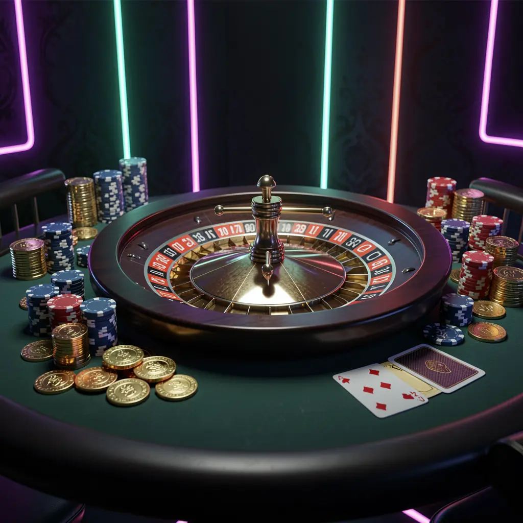 BetChokkor online casino homepage hero banner featuring a luxury casino table with a roulette wheel, poker chips, playing cards, and golden coins on a dark premium background with neon glow in a cinematic 3D render